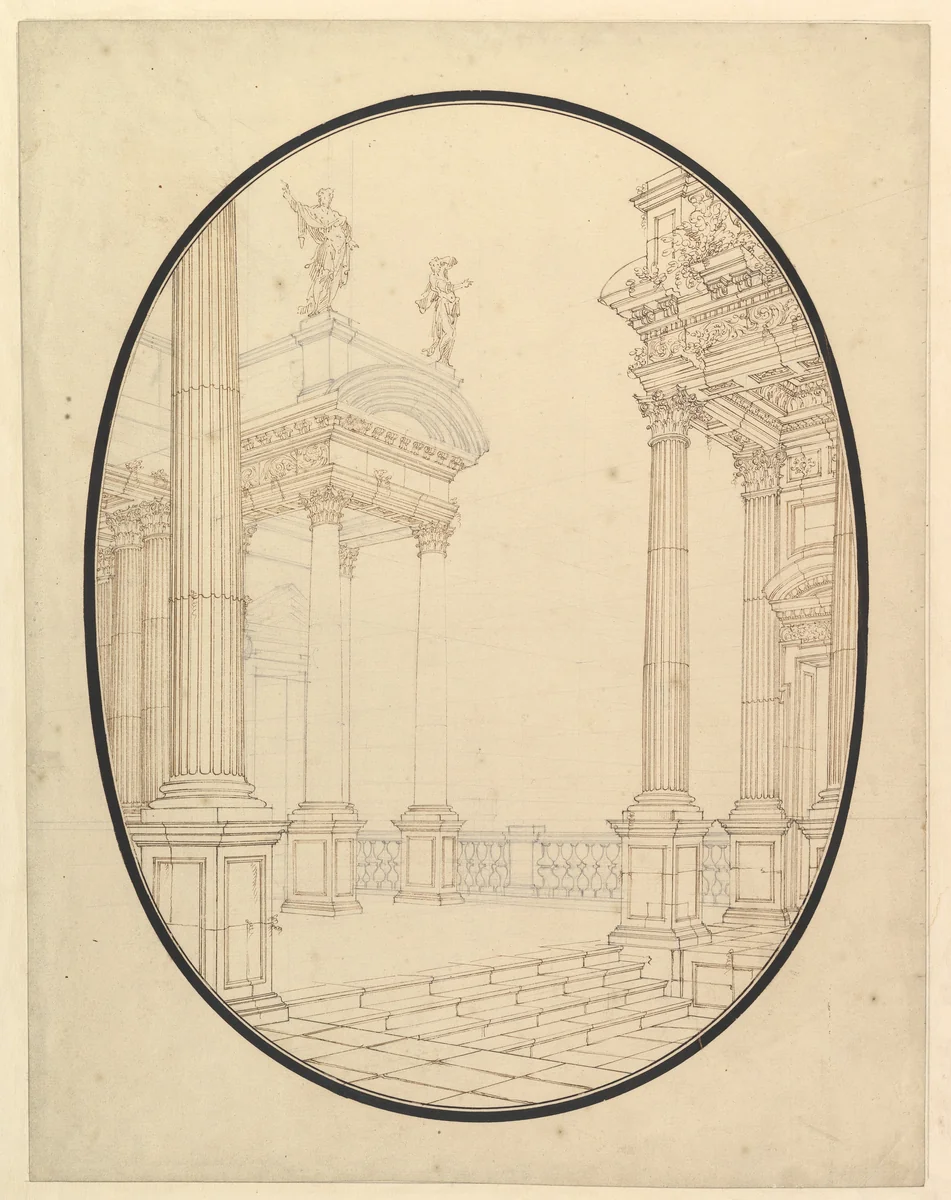 Architectural Perspective, in an Oval: Porch of a Palace with Corinthian Columns by Ferdinando Galli Bibiena, drawing, 1657-1743