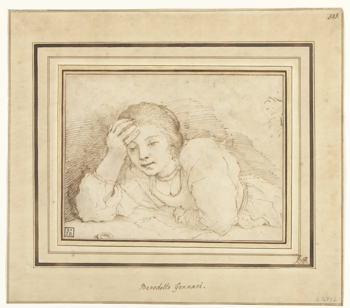 Studie van een over een tafel leunende jonge vrouw by Benedetto Gennari, drawing, 1643-1715