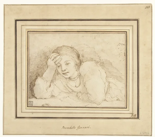 Studie van een over een tafel leunende jonge vrouw by Benedetto Gennari, drawing, 1643-1715