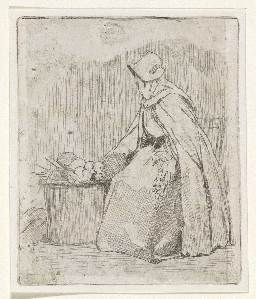 Zittende marktvrouw by Jan Weissenbruch, print, 1837-1880