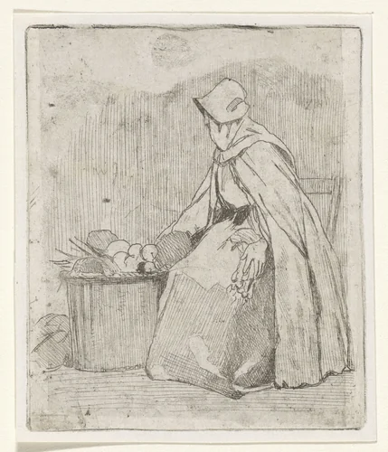 Zittende marktvrouw by Jan Weissenbruch, print, 1837-1880