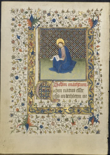 Leaf from a Book of Hours: St. Matthew by Limbourg Brothers, manuscript, 1410-1425