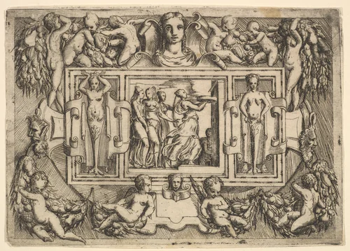 The Cumeaean sibyl walking to the right and carrying a tray, followed by three women, set within an elaborate frame by Battista Angolo del Moro, print, 1535-1580