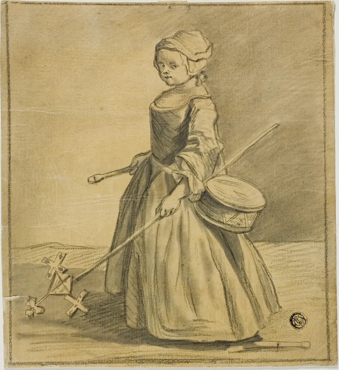 Girl Playing with Drum by Jean Baptiste Siméon Chardin, drawing, 1719-1779