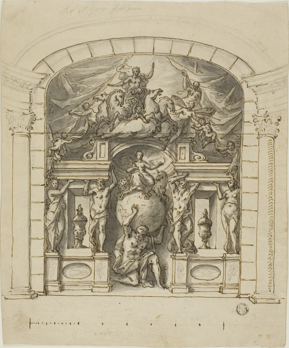 Design for Stage Scenery (Hampton Court) with Mythological Figures by James Thornhill, drawing, 1695-1734
