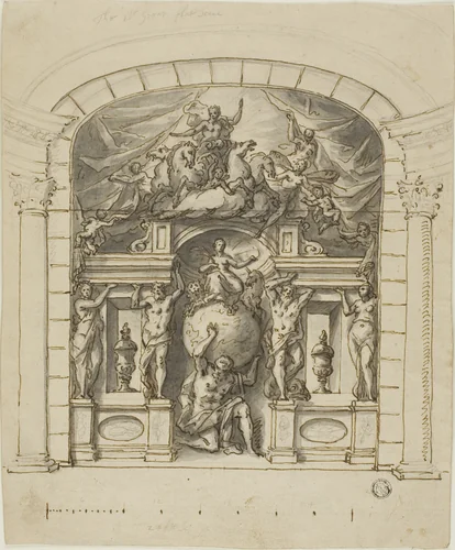 Design for Stage Scenery (Hampton Court) with Mythological Figures by James Thornhill, drawing, 1695-1734