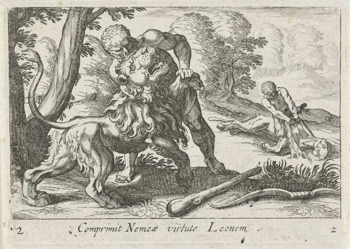 Hercules in gevecht met de Nemeïsche leeuw by Simon Frisius, print, 1610-1664