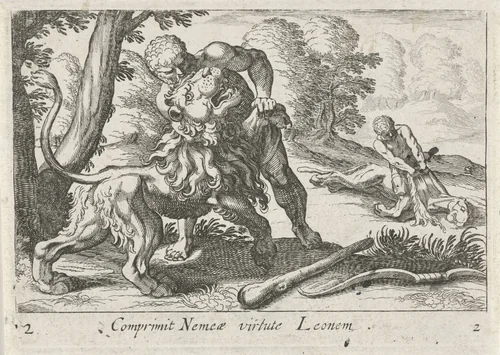 Hercules in gevecht met de Nemeïsche leeuw by Simon Frisius, print, 1610-1664