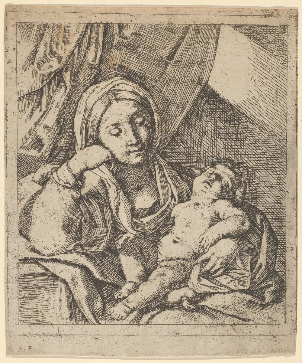 The Virgin seated, resting her head on her right hand and holding the sleeping infant Christ on her lap by Lorenzo Loli, print, 1625-1680
