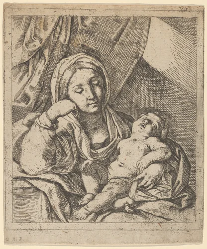 The Virgin seated, resting her head on her right hand and holding the sleeping infant Christ on her lap by Lorenzo Loli, print, 1625-1680