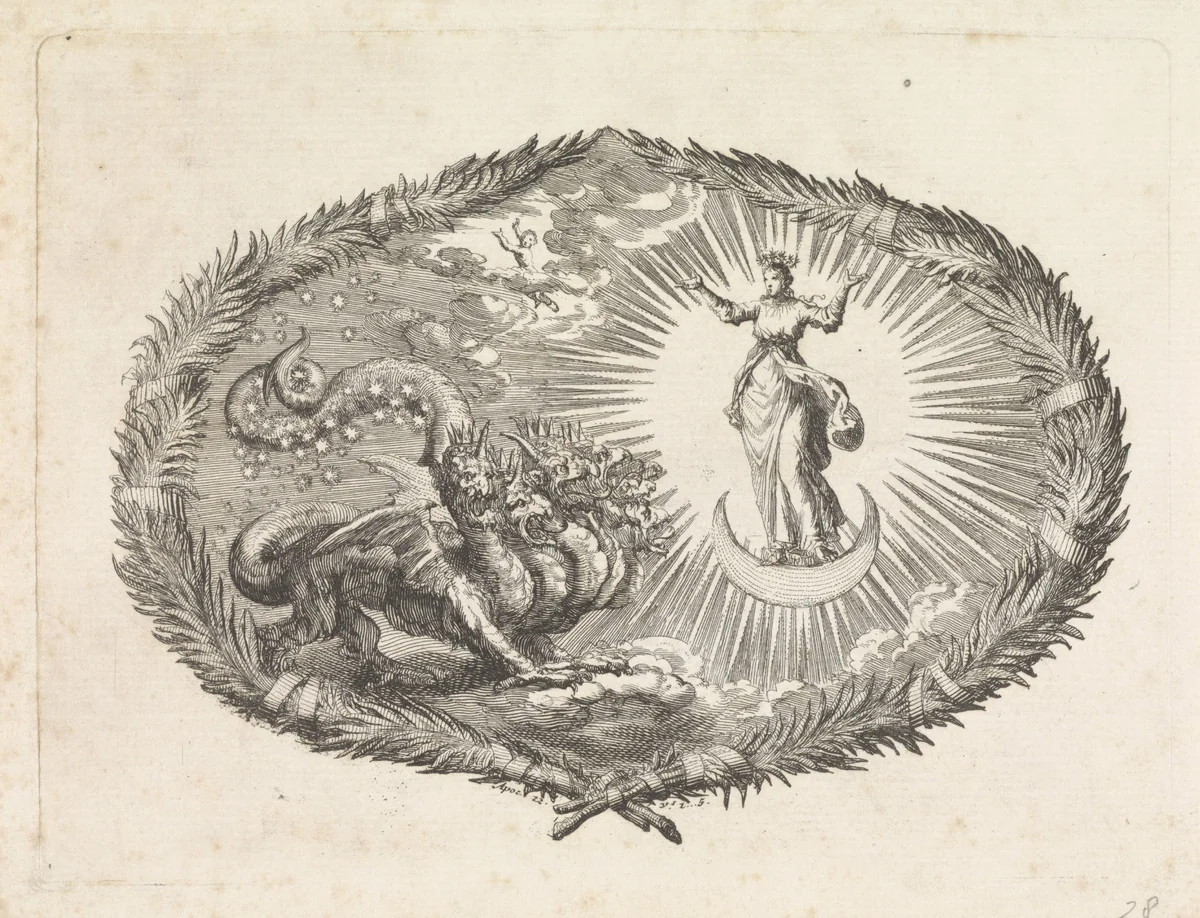 Verschijning van de apocalyptische vrouw en de zevenkoppige draak by Jan Luyken, print, 1700
