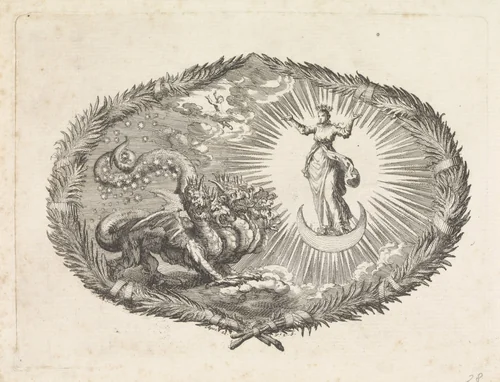 Verschijning van de apocalyptische vrouw en de zevenkoppige draak by Jan Luyken, print, 1700
