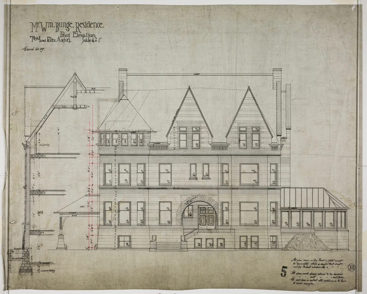 William Bunge House, Chicago, Illinois, Front Elevation by Treat and Foltz, drawing, 1889-1890