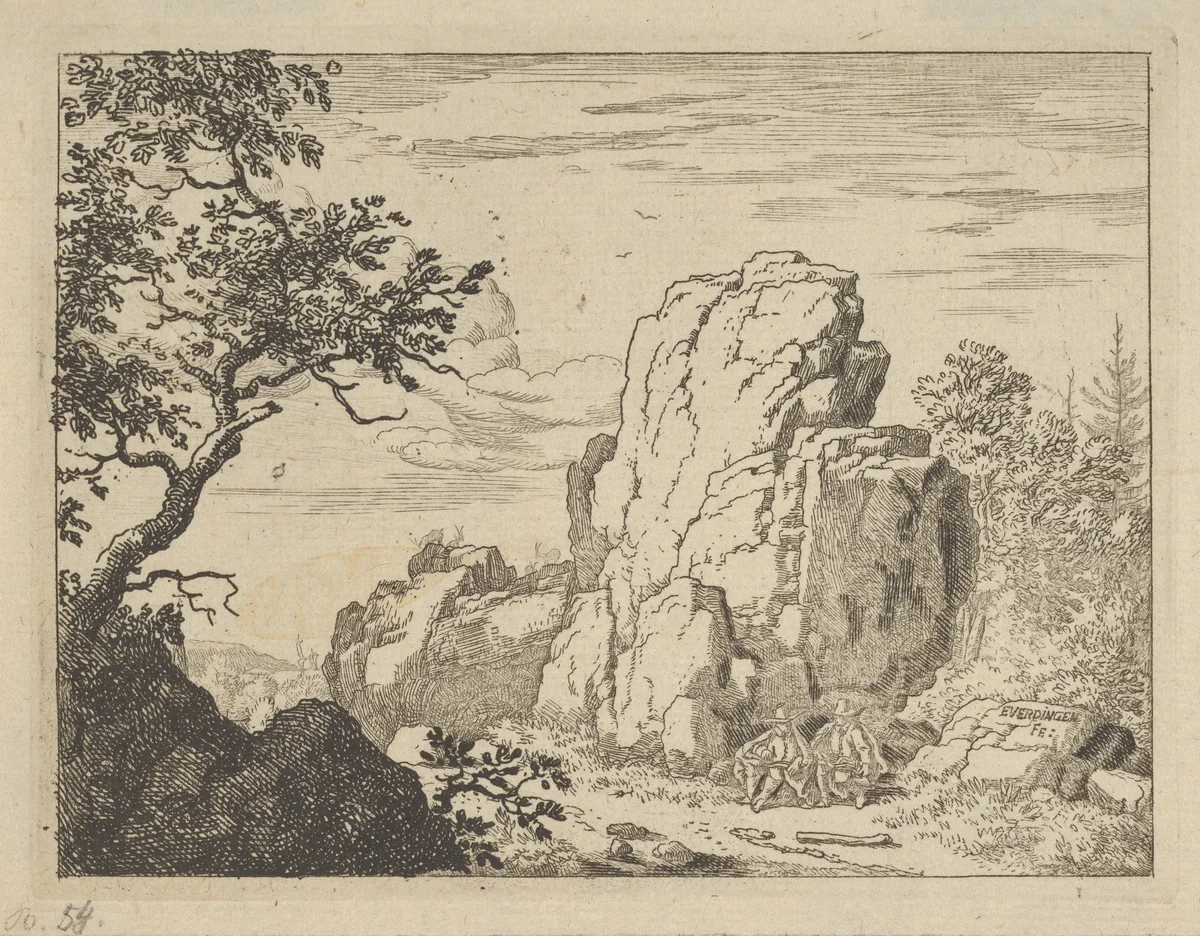 Two Men Seated at the Foot of a High Rock by Allart van Everdingen, print, 1621-1675