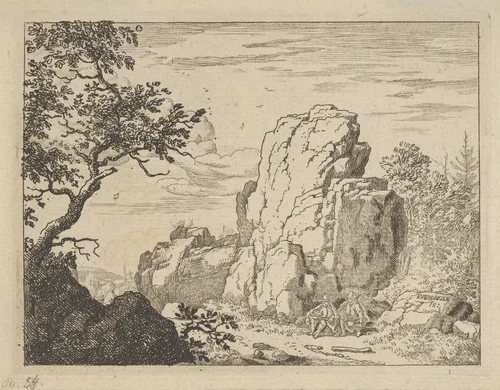 Two Men Seated at the Foot of a High Rock by Allart van Everdingen, print, 1621-1675