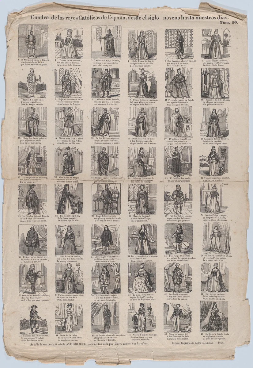 Broadside with 48 scenes representing the kings and queens of Spain by Antonio Bosch, print, 1864