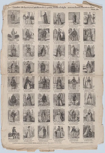 Broadside with 48 scenes representing the kings and queens of Spain by Antonio Bosch, print, 1864