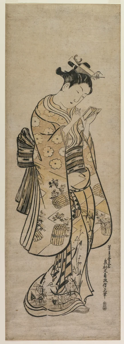 A Beauty with a Mirror by Okumura Masanobu (奥村政信), print, 1743-1746