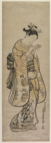 A Beauty with a Mirror by Okumura Masanobu (奥村政信), print, 1743-1746