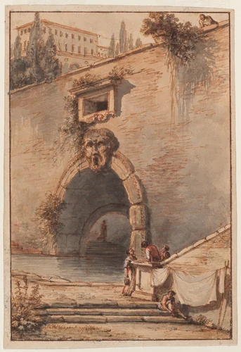 View of an Ancient Roman Bridge with a Mascaroon by Victor Jean Nicolle, drawing, 1780-1790