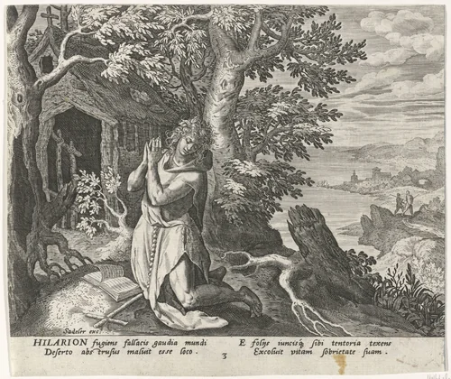 Hilarion de Grote als kluizenaar by Johann Sadeler, print, 1583-1588