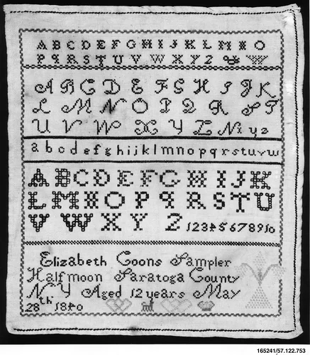 Embroidered sampler by Elizabeth Coons, artwork, 1840