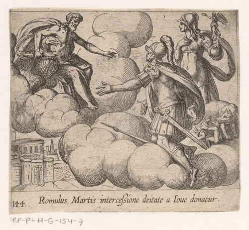 Mars smeekt Jupiter om Romulus onsterfelijk te maken by Antonio Tempesta, print, 1606-1638