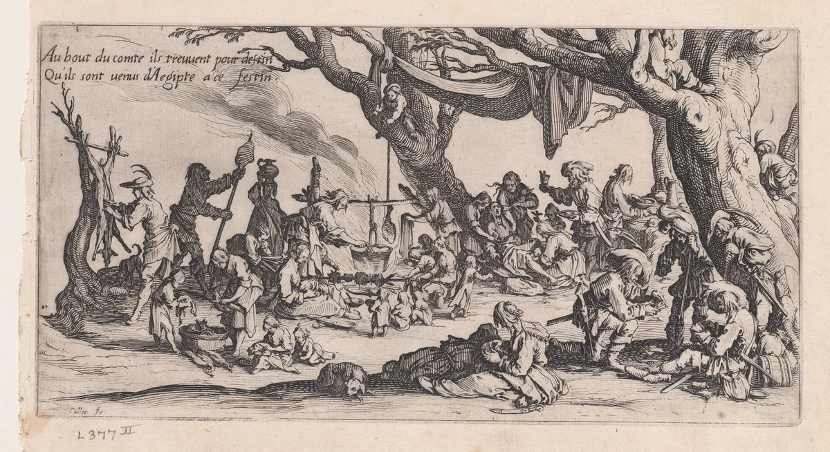 Le Halte des Bohémiens: Les Apprêts du Festin (The Gypsy Stopover: The Preparations for the Feast), from "Le Bohémiens, série appelée aussi Les Égyptiens, La Marche des Bohémiens, La Vie Errante des Bohémiens, Les Marches Égyptiennes" (The Gypsies, series also called The Egyptiens, The Gypsy Troops, The Wandering Lives of Gypsies, The Egyptian Troops) by Jacques Callot, print, 1610-1635
