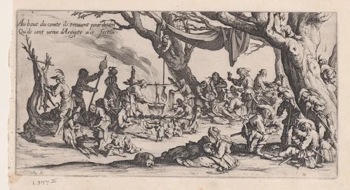 Le Halte des Bohémiens: Les Apprêts du Festin (The Gypsy Stopover: The Preparations for the Feast), from "Le Bohémiens, série appelée aussi Les Égyptiens, La Marche des Bohémiens, La Vie Errante des Bohémiens, Les Marches Égyptiennes" (The Gypsies, series also called The Egyptiens, The Gypsy Troops, The Wandering Lives of Gypsies, The Egyptian Troops) by Jacques Callot, print, 1610-1635