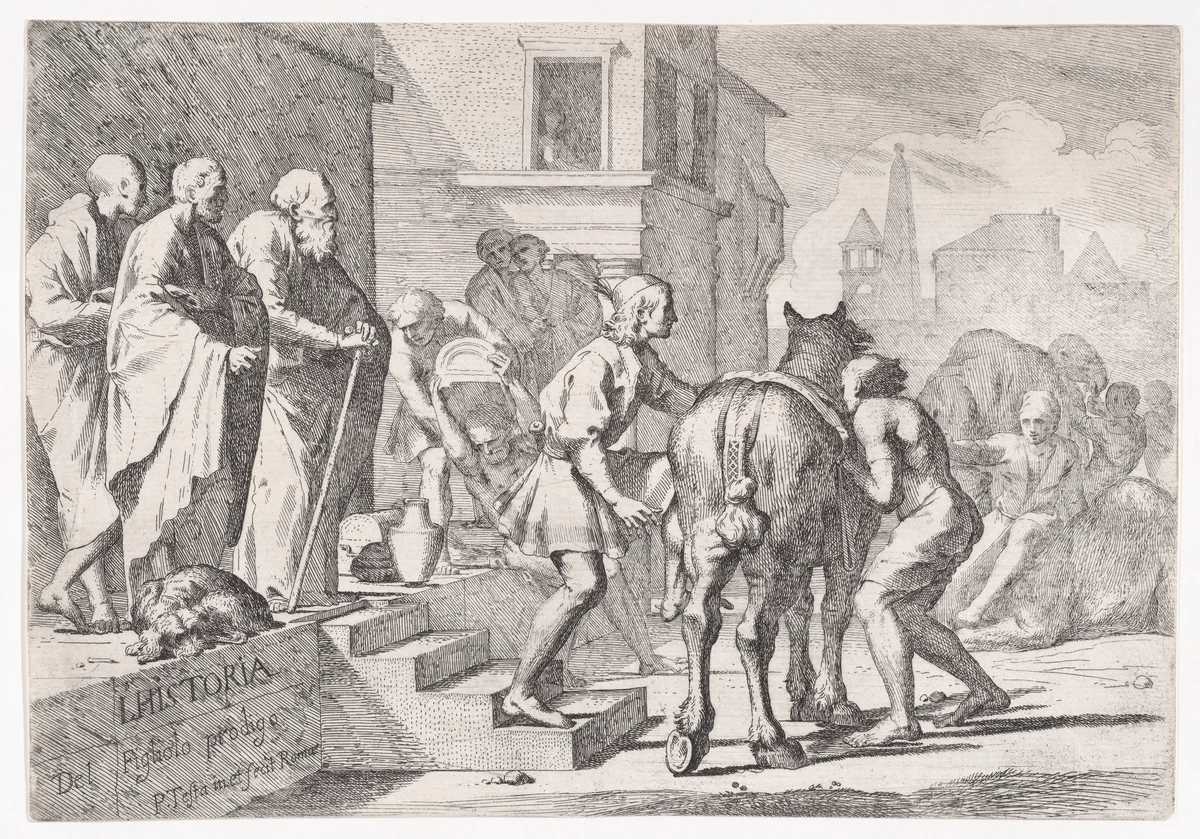 The Departure of the Prodigal Son, Shown About to Mount a Horse by Pietro Testa, print, 1600-1650