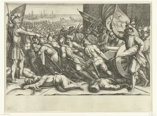 Inscheping van de troepen van Ferdinando I de' Medici na de overwinning op de Turken by Jacques Callot, print, 1614-1620