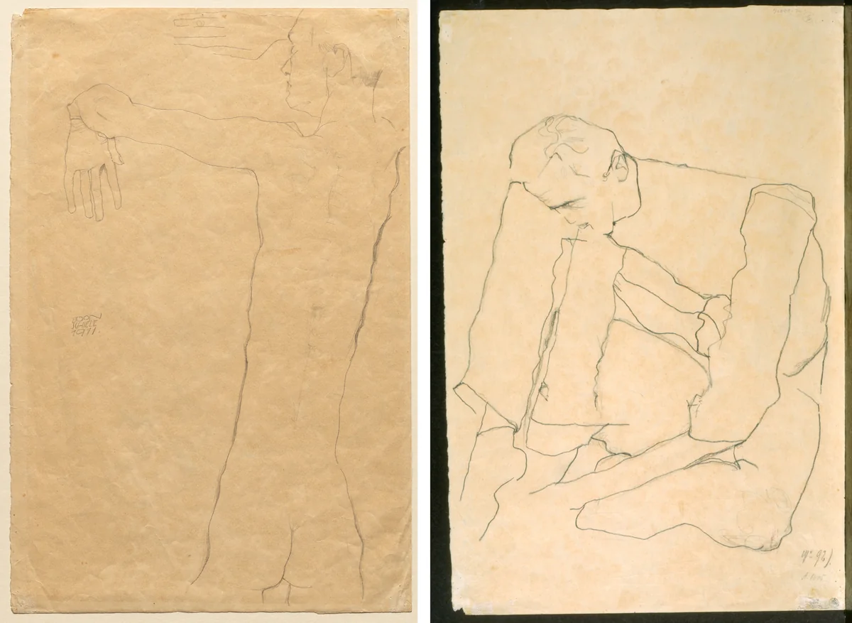 Nude Man with Raised Arms (recto) Seated Man (verso) by Egon Schiele, drawing, 1911