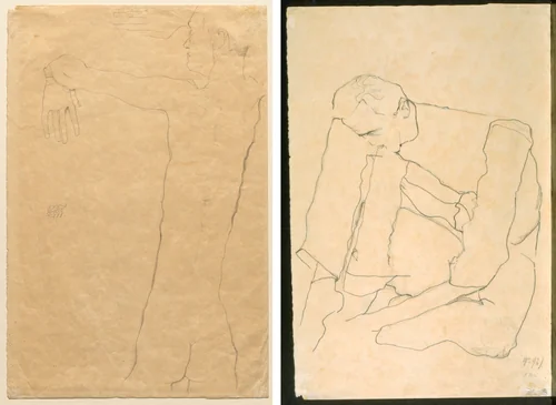 Nude Man with Raised Arms (recto) Seated Man (verso) by Egon Schiele, drawing, 1911