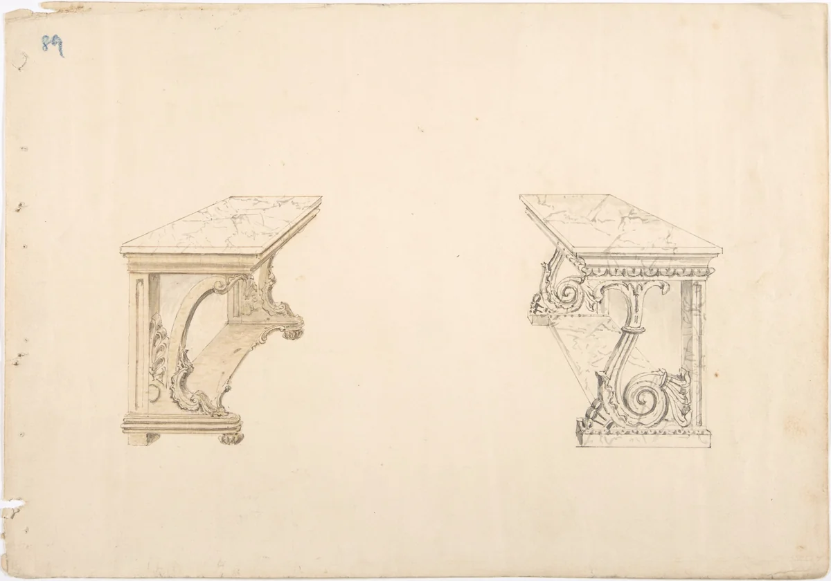Design for Two Marble-topped Pier Tables by anonymous, drawing, 1800-1850