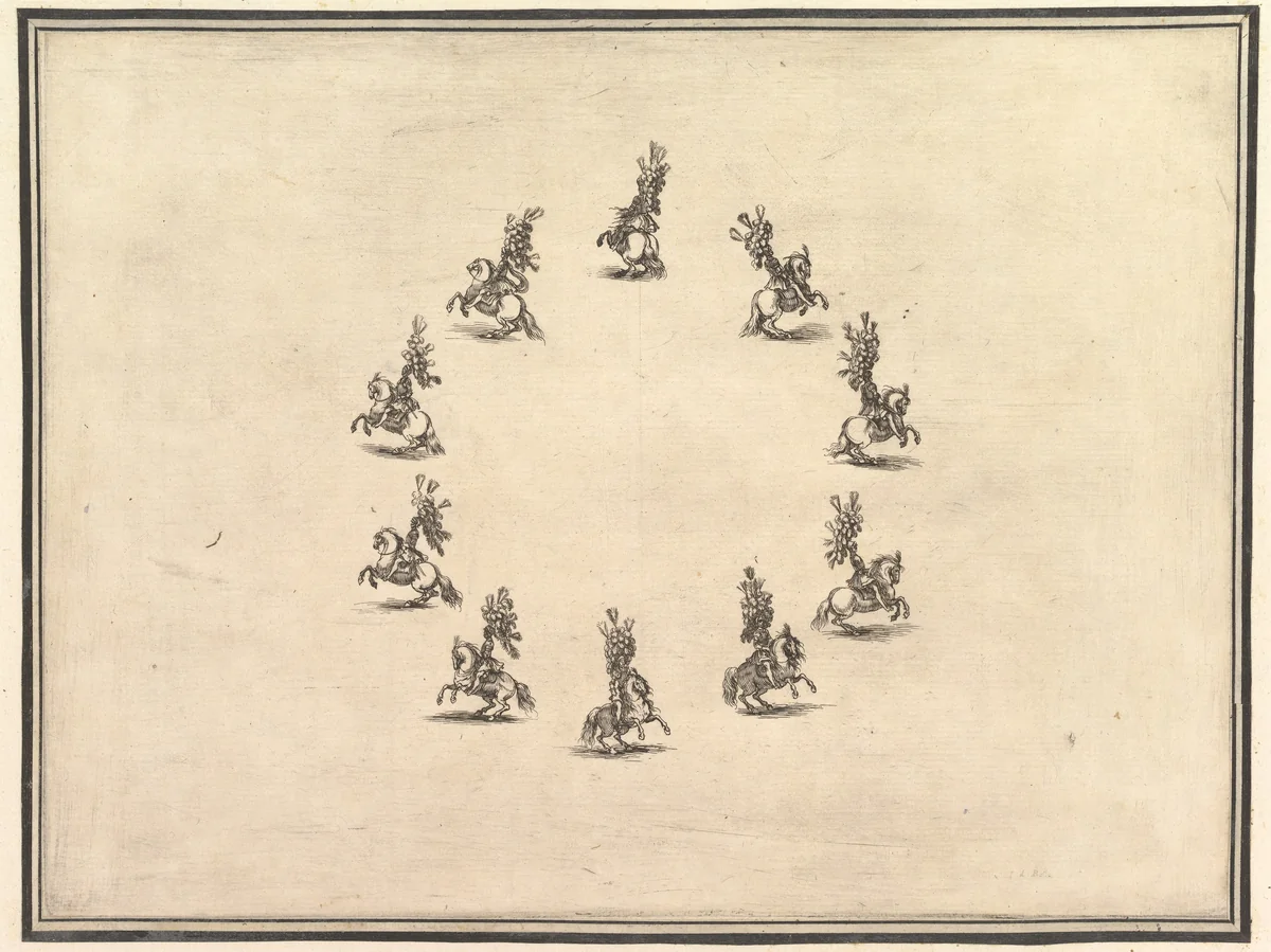 Six riders forming a circle, from "La gara delle Stagioni" by Stefano della Bella, print, 1652