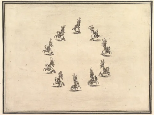 Six riders forming a circle, from "La gara delle Stagioni" by Stefano della Bella, print, 1652