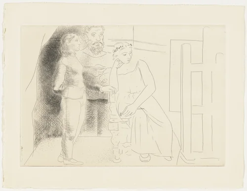 Painter with Two Models Looking at a Canvas from Le Chef-d'œuvre inconnu by Pablo Picasso, illustrated book, 1927