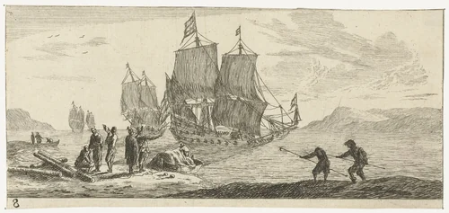 Vier grote zeilschepen in een baai by Reinier Nooms, print, 1651-1652