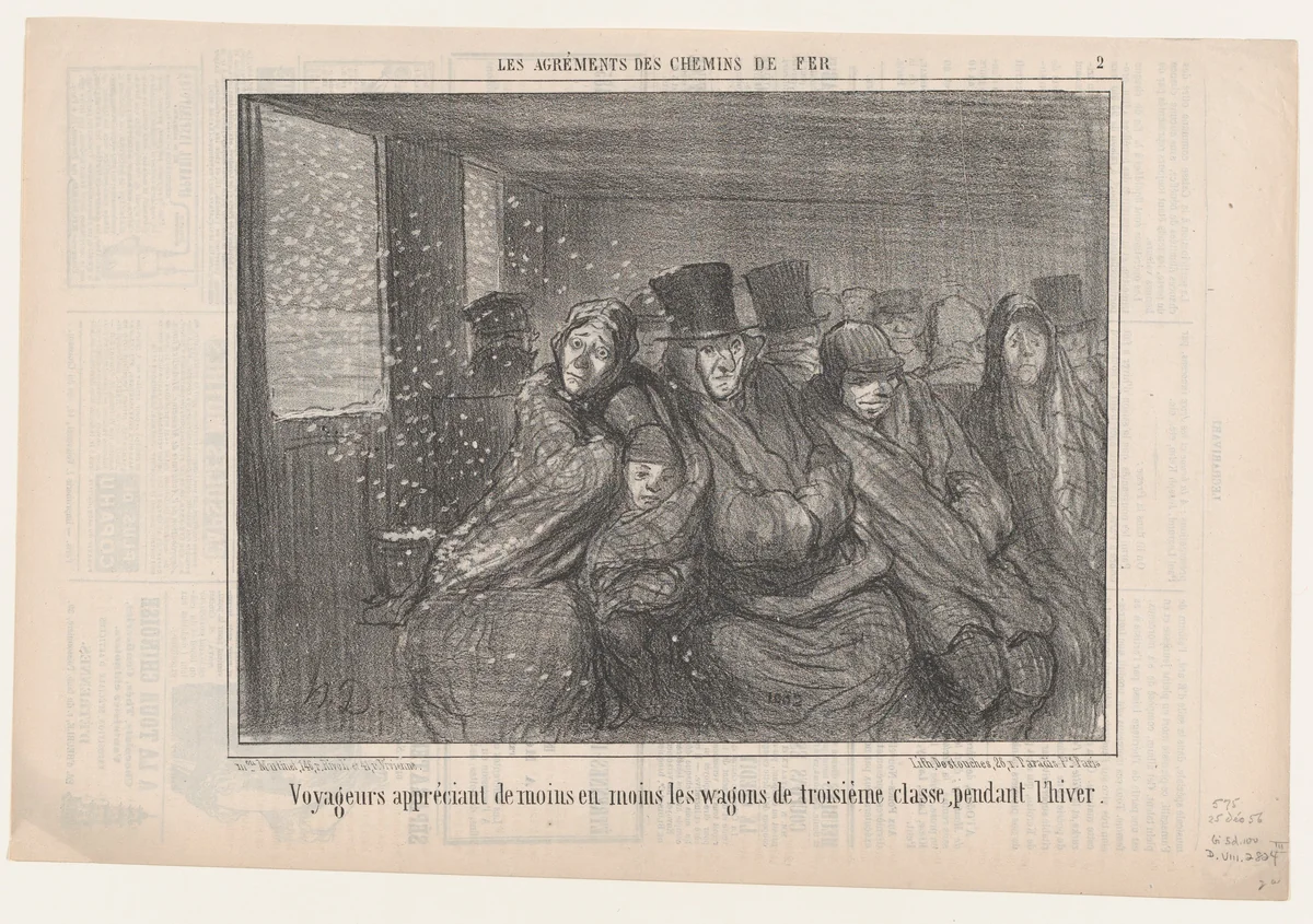 Voyageurs appréciant de moins en moins les..., from Les Agréments des Chemins de Fer, published in Le Charivari, December 25, 1856 by Honoré Daumier, print, 1856