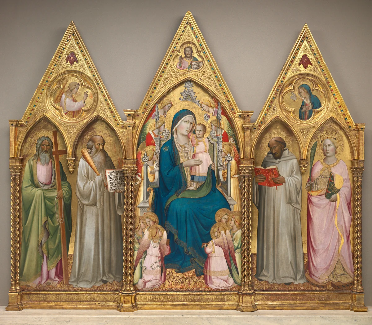 Madonna and Child with Saints Andrew, Benedict, Bernard, and Catherine of Alexandria with Angels [entire triptych] by Agnolo Gaddi, painting, 1387