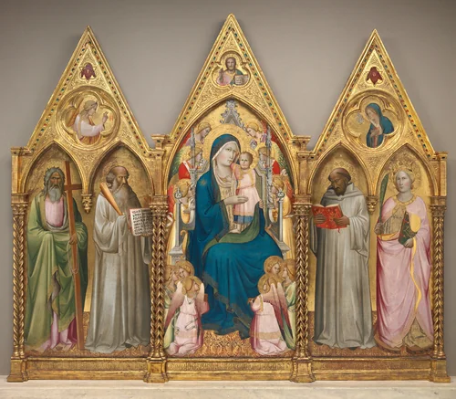 Madonna and Child with Saints Andrew, Benedict, Bernard, and Catherine of Alexandria with Angels [entire triptych] by Agnolo Gaddi, painting, 1387