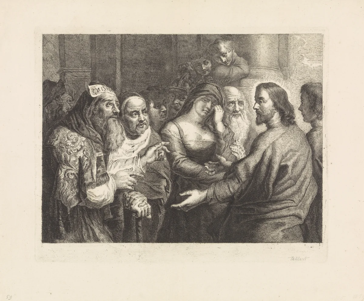 Christus en de overspelige vrouw by Philippe Tassaert, print, 1742-1803