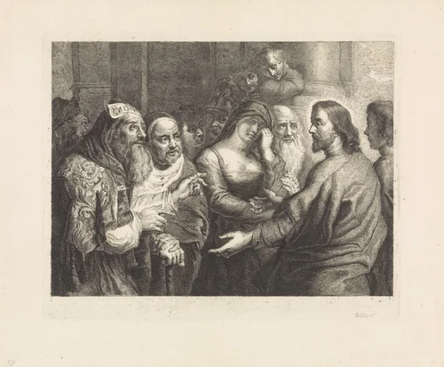 Christus en de overspelige vrouw by Philippe Tassaert, print, 1742-1803