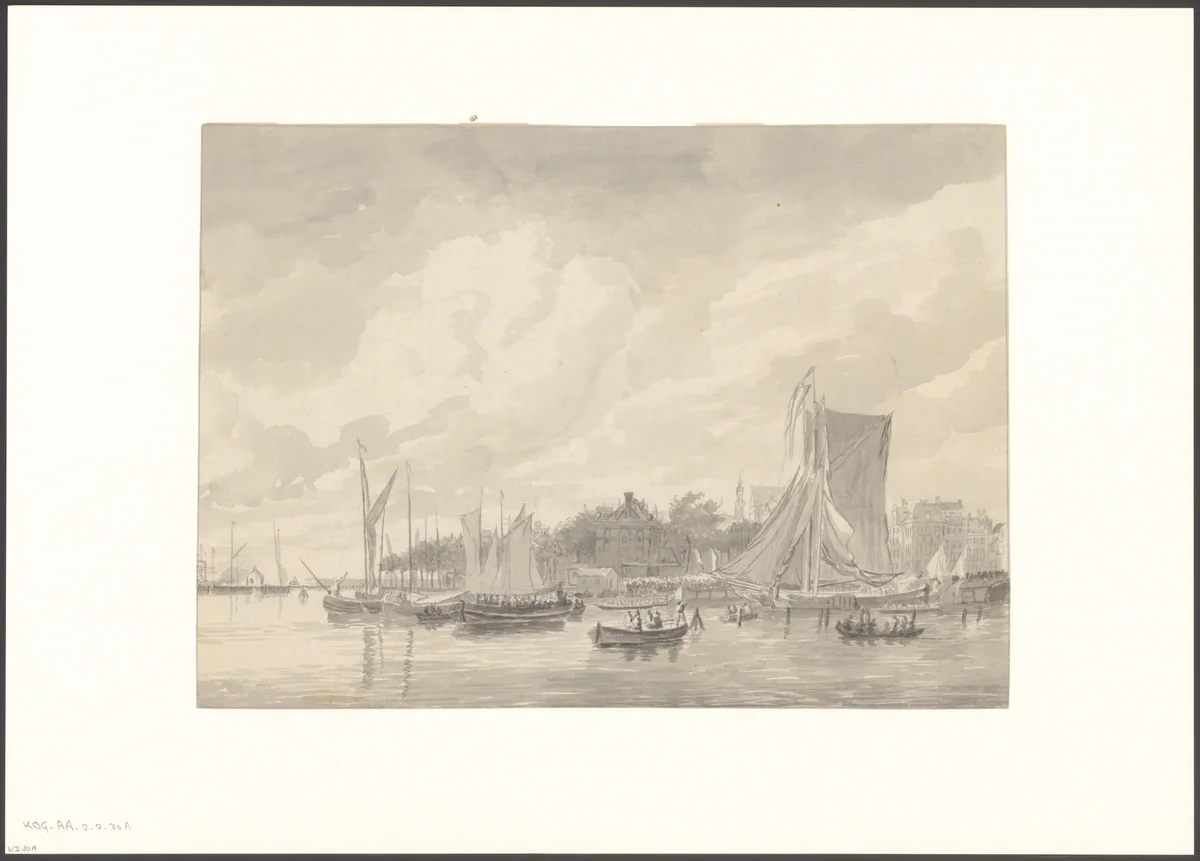 Gezicht op het Open Havenfront gezien naar het Zeerecht by anonymous, drawing, 1700-1799