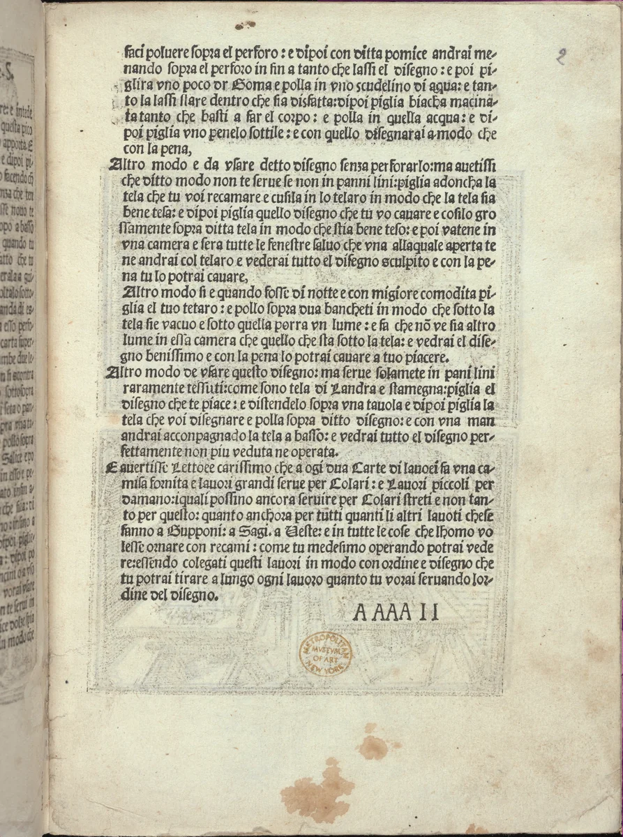 Libro quarto. De rechami per elquale se impara in diuersi modi lordine e il modo de recamare...Opera noua, page 2 (recto) by Alessandro Paganino, book, 1532