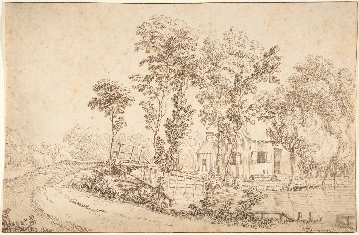 Landscape with a House near a Bridge over a River by Albert Meyeringh, drawing, 1655-1714
