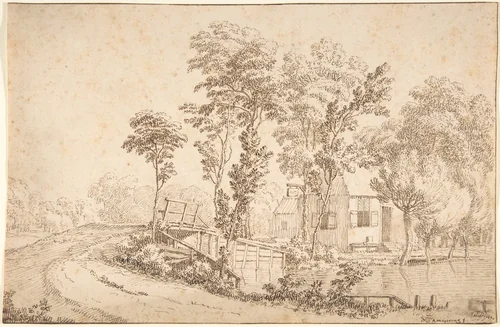 Landscape with a House near a Bridge over a River by Albert Meyeringh, drawing, 1655-1714