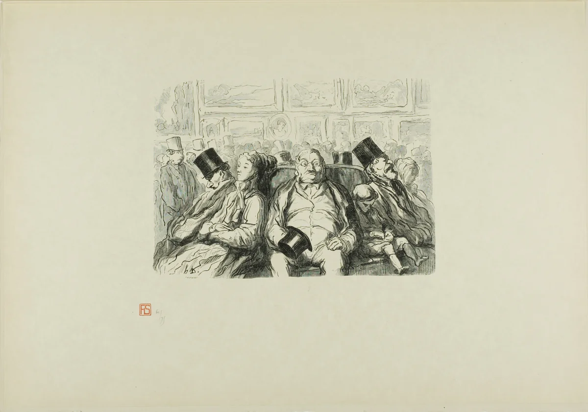 Paris, The great Art exhibition: In the Great Salon, A moment of reflection by Honoré-Victorin Daumier, print, 1868