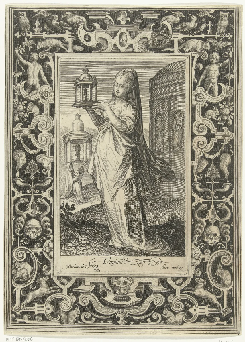 Virginia met model van kleine tempel by Unknown, print, 1581-1656