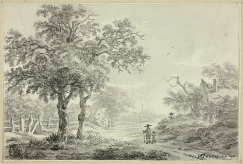 Man and Boy Walking Down Village Road by Jan van Goyen or Paul Liender, drawing, 1616-1656